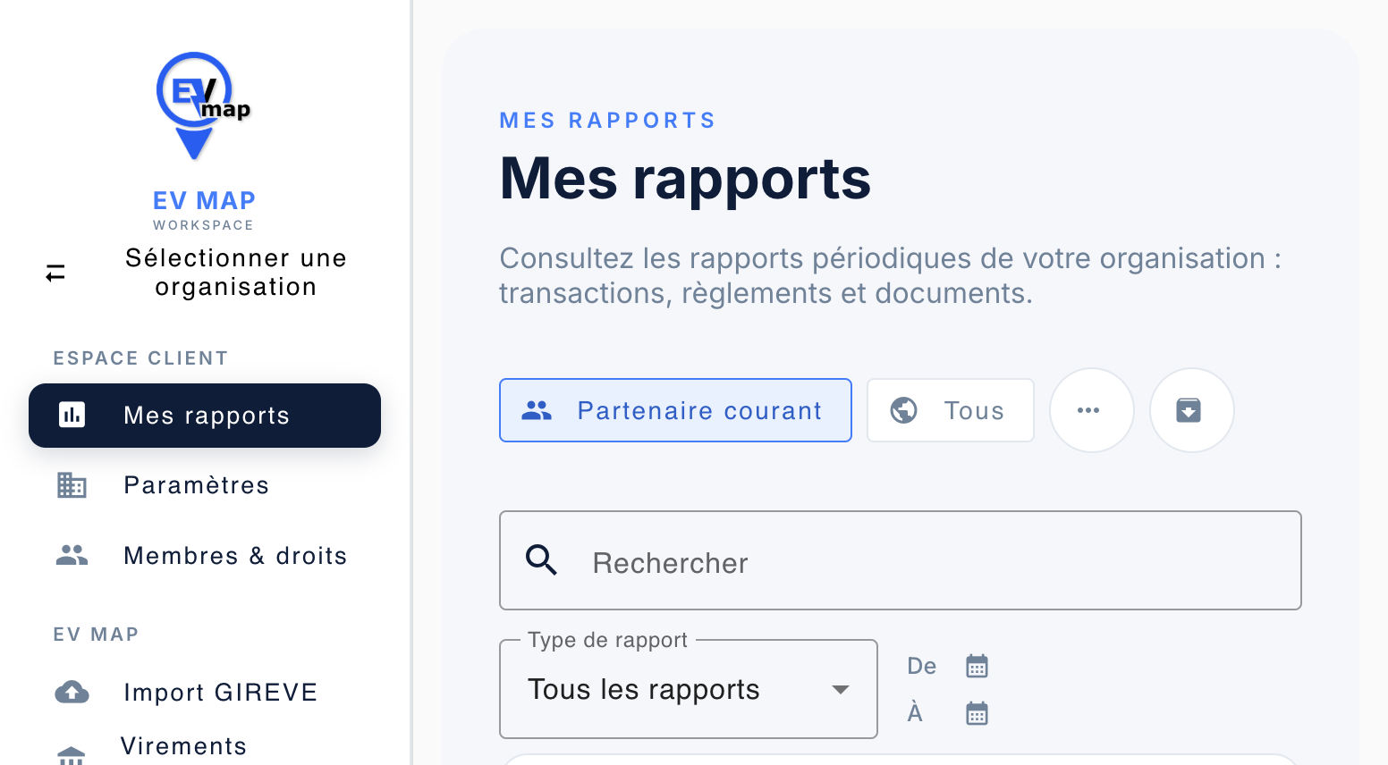 Menu de gauche une fois connecté : Espace client, EV MAP, Configuration et Compte